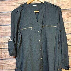 Calvin Klein Black See Through Button Down Blouse Gold Accents Size L/X Large